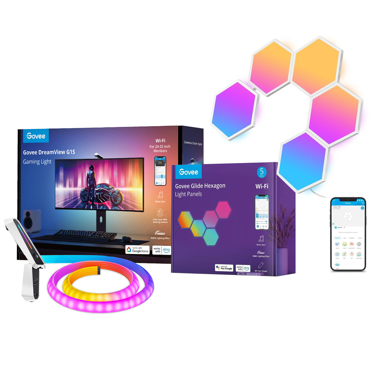 Govee Immersive Gaming Kit (Dreamview G1S Backlight + Hexa Glide Panel - 5 piece)