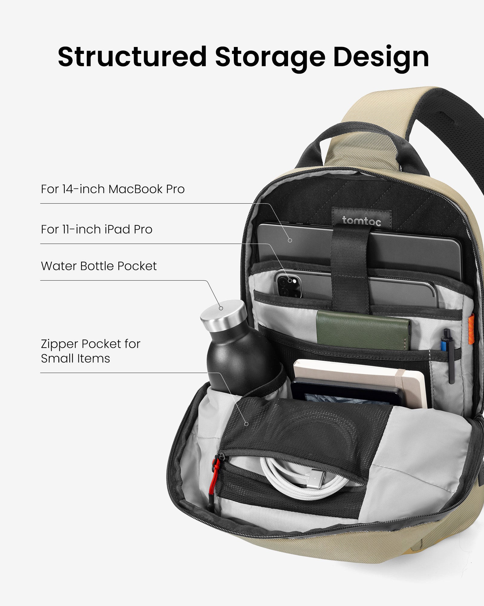 tomtoc Navigator-T24 Sling Bag 14 Inch/7L Khaki - T24M1K1 Laptop Backpacks