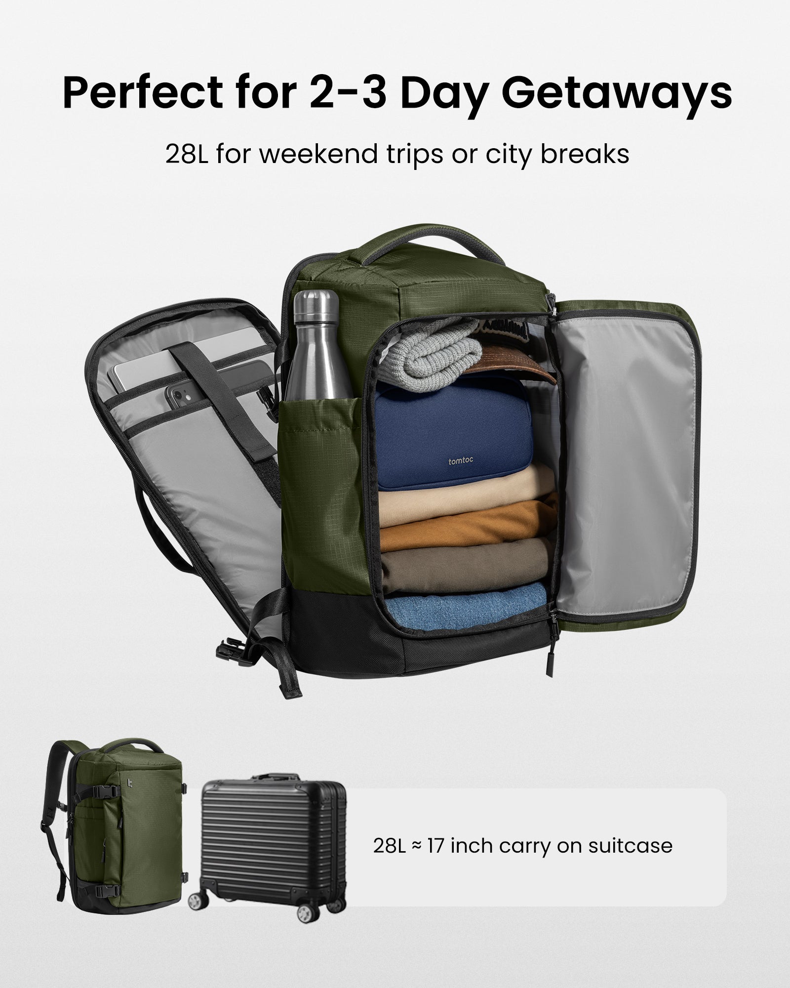 tomtoc Navigator-T66 Liteway Travel Backpack 16 Inch Universal/28L Green - T66S1T1 Laptop Backpacks